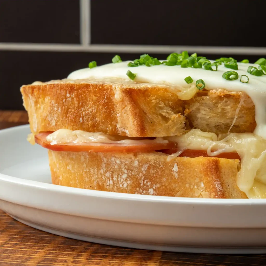 Close-up of béchamel sauce draped over a croque monsieur sandwich with melted gruyere and Canadian bacon