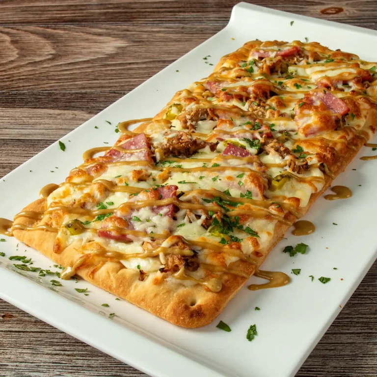 Cubano flatbread with mornay sauce, roast pulled pork, Jones Breakfast Ham, dill pickles, and mozzarella, finished with honey mustard drizzle and parsley