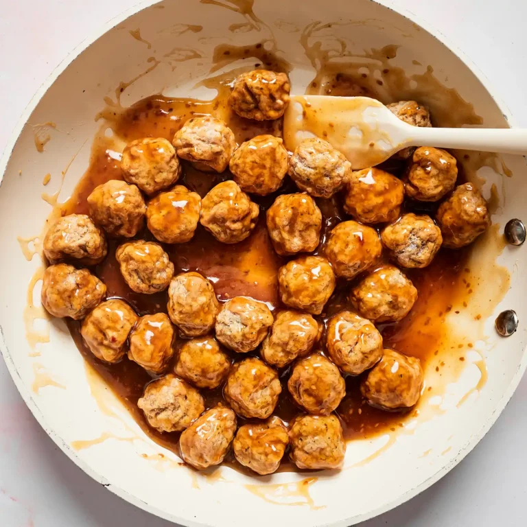 Jones chicken meatballs simmering in soy sesame sauce in a skillet, prepared for lettuce wraps.