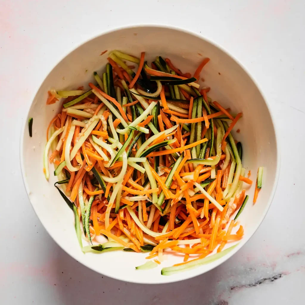 Quick-pickled cucumber and carrot matchsticks in a bowl, prepared as a topping for lettuce wraps.