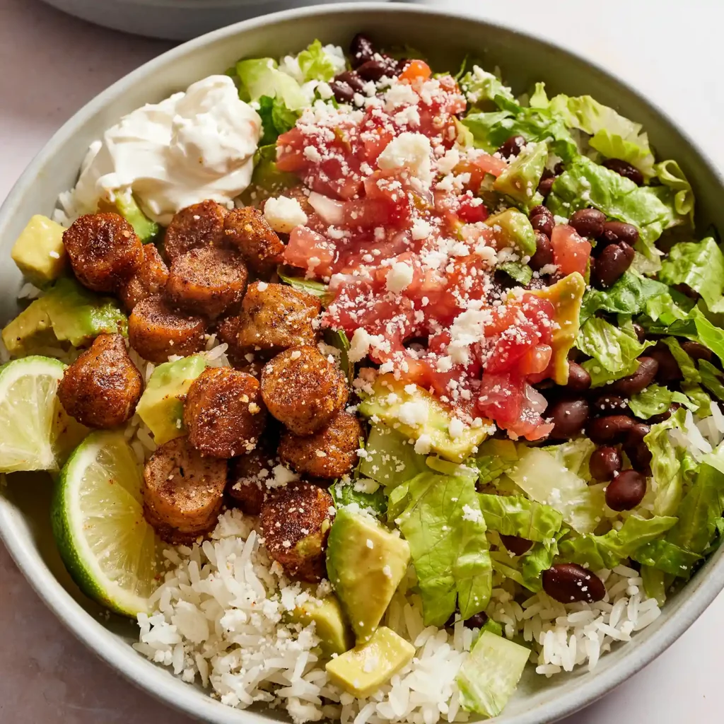 Close-up of a taco rice bowl with seasoned sausage, black beans, lettuce, avocado, pico de gallo, cotija cheese, sour cream, rice, and lime.