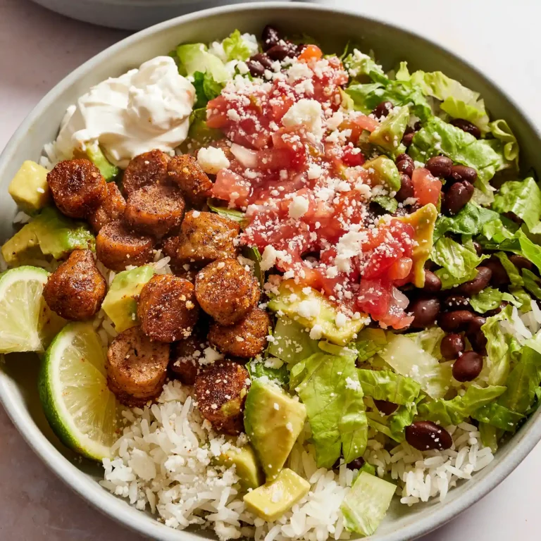 Close-up of a taco rice bowl with seasoned sausage, black beans, lettuce, avocado, pico de gallo, cotija cheese, sour cream, rice, and lime.