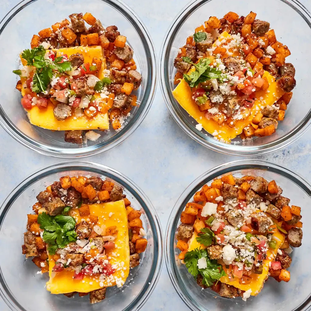 Four meal prep breakfast bowls with baked eggs, roasted sausage and squash, cotija cheese, pico de gallo, and cilantro in glass containers.