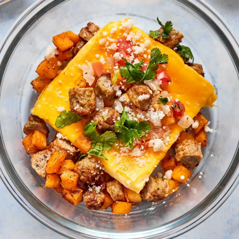 Meal prep breakfast bowl with sliced baked eggs, roasted sausage and squash, pico de gallo, cotija cheese, and cilantro in a glass container.