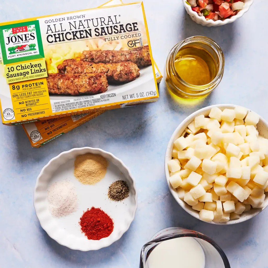 Ingredients for meal prep breakfast bowls, including Jones Dairy Farm chicken sausage, diced potatoes, olive oil, seasonings, milk, and pico de gallo.