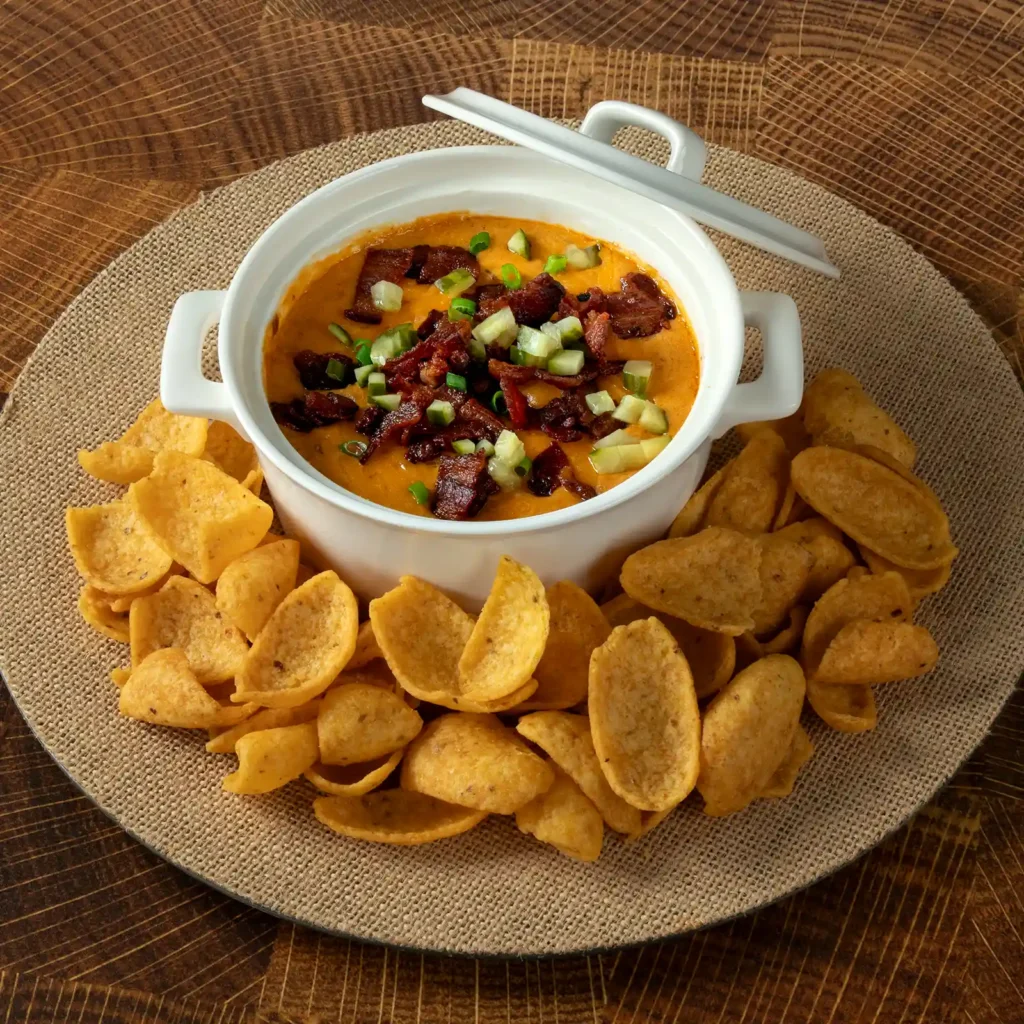 Overhead view of Nashville hot chicken dip garnished with crumbled bacon, green onion, and pickled cucumber, served in a white crock surrounded by corn chips.