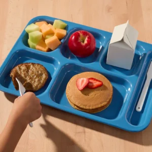 School breakfast tray with a sausage patty, pancakes topped with strawberries, cantaloupe and honeydew, an apple, and a milk carton.