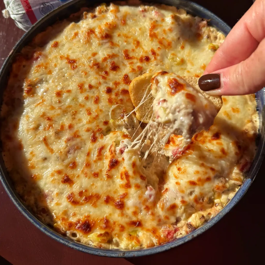 Spicy Italian pork sausage dip with a cheese pull on crostini, held by hand.