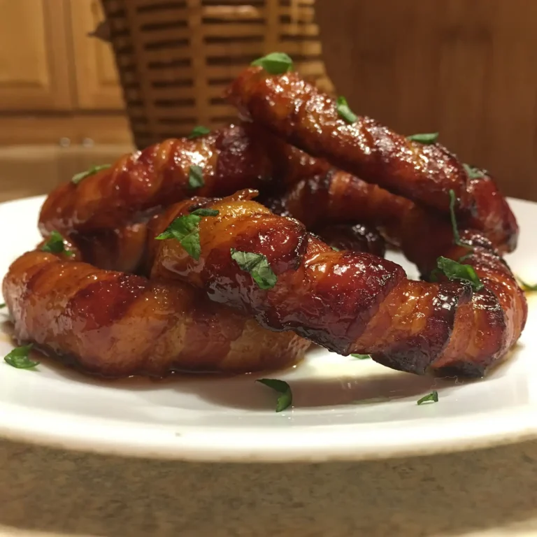 Bacon-wrapped onion rings glazed and garnished with parsley, made with Jones bacon