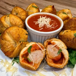 Cheesy meatball bombs sliced in half showing meatball and marinara filling, served with marinara dipping sauce