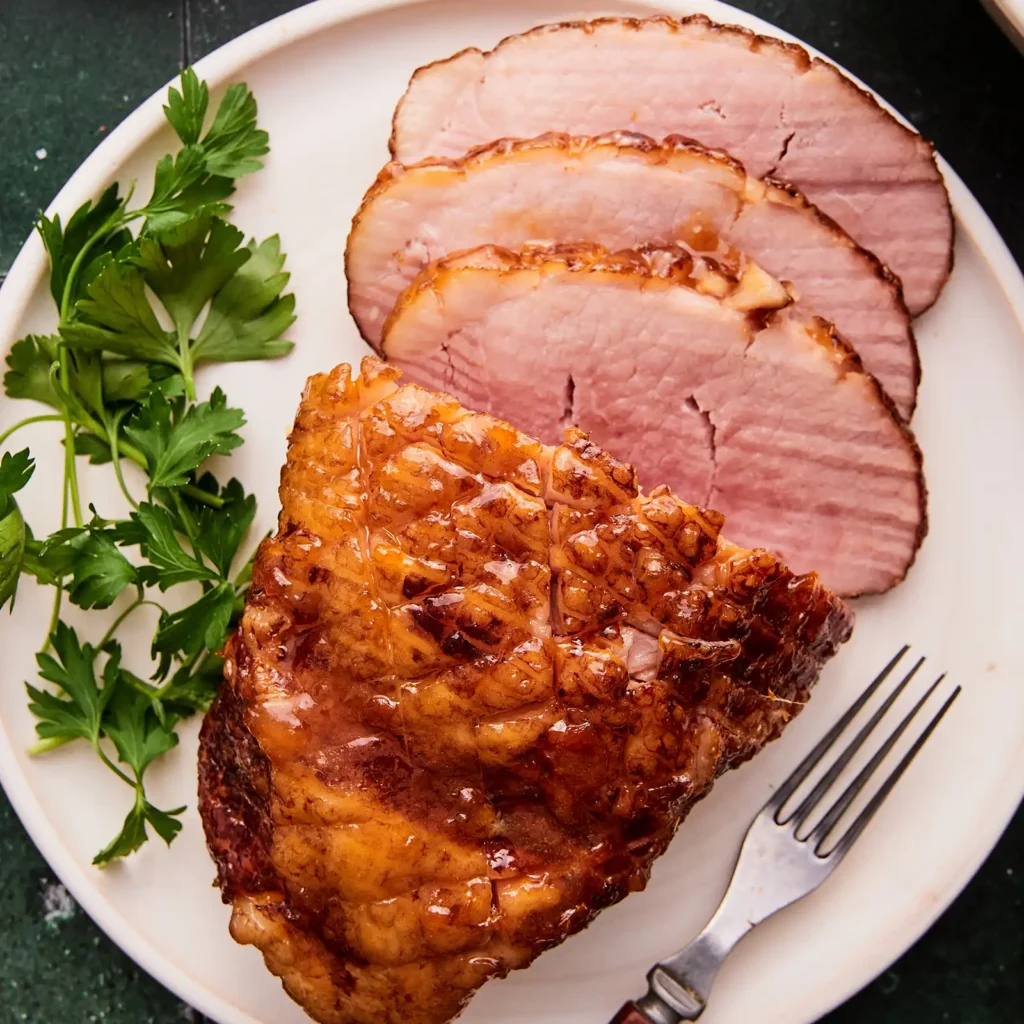 Close-up of sliced glazed ham plated with parsley garnish.