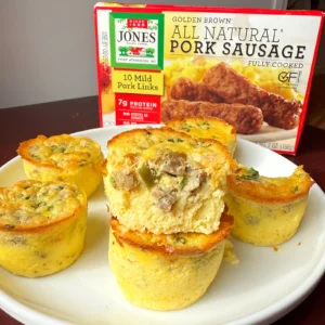 High protein sausage egg cups on a plate with a box of Jones All Natural Pork Sausage links.