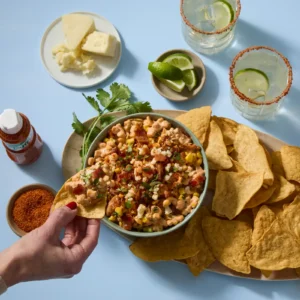 Mexican street corn dip with Jones bacon served with tortilla chips and spicy margaritas.
