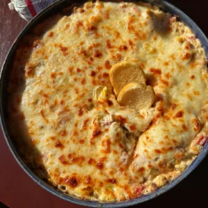 Spicy Italian pork sausage dip baked with melted cheese, served with crostini.