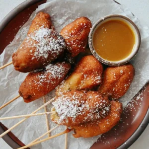 Sausage corn dogs dusted with powdered sugar, served with maple mustard dipping sauce.
