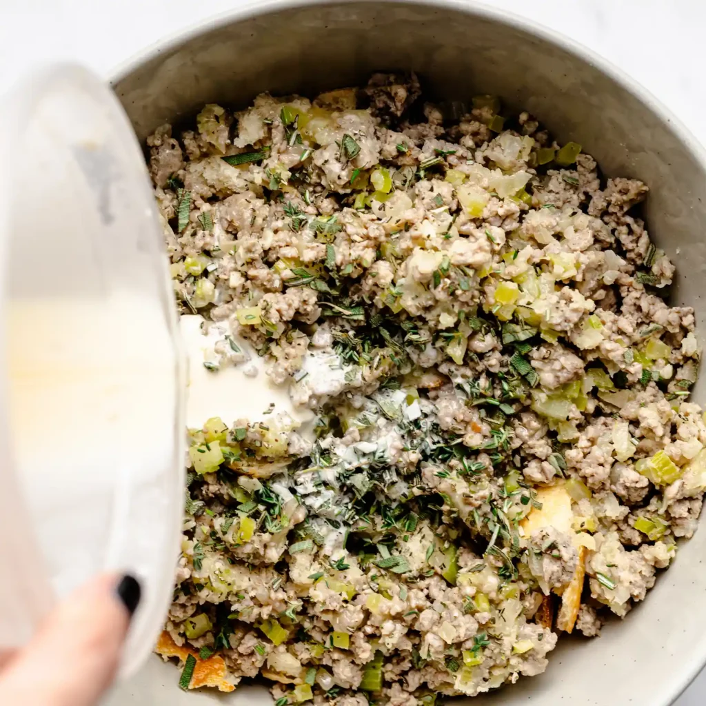 Bread cubes, cooked sausage, fresh herbs, and cream being mixed together for sourdough sausage stuffing.