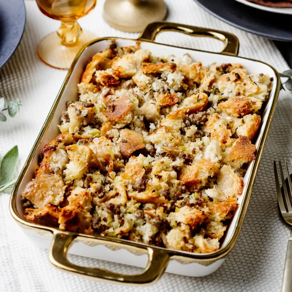 Sourdough sausage stuffing served in a gold-trimmed dish as part of a set Thanksgiving table.