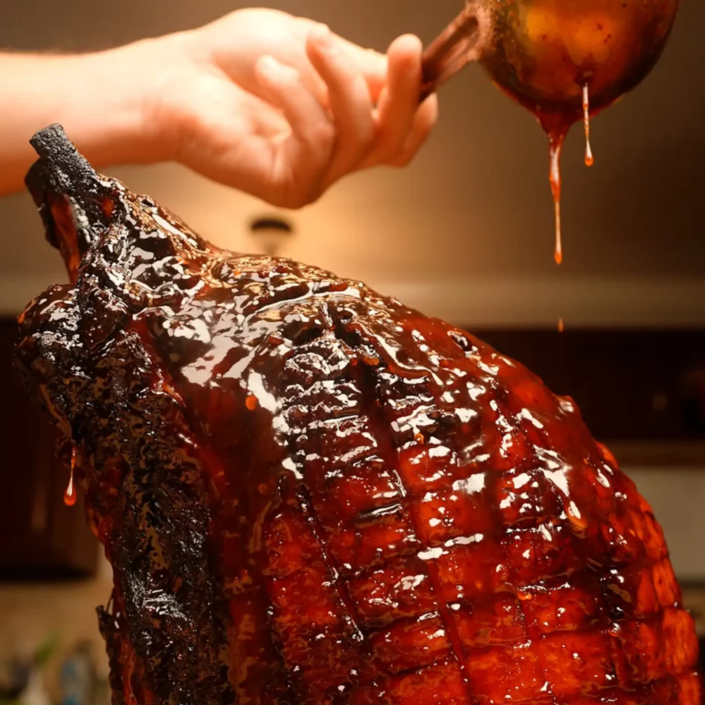 Glazed whole ham on a wire rack with hot honey chipotle bourbon glaze being poured over the top, pooling in the scored sections.