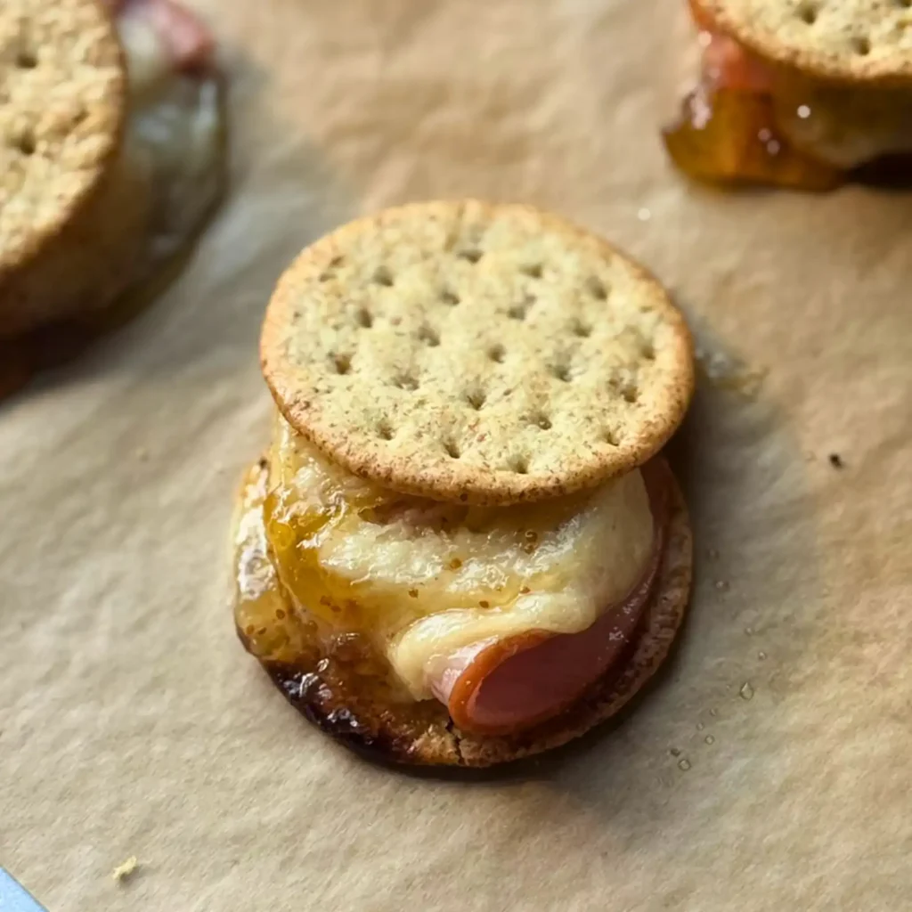 Broiled cracker sandwiches with melted cheese and Canadian bacon cooling on a parchment-lined sheet pan.
