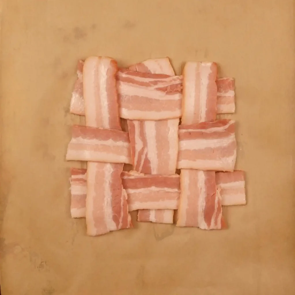 Raw bacon strips woven into a tight lattice on parchment paper