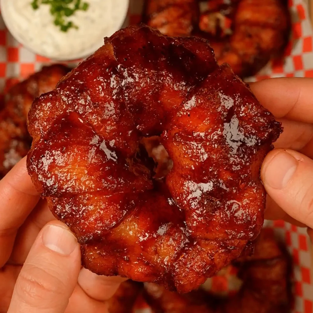 A hand holding a glazed, bacon-wrapped ring up close, with a bowl of ranch dip topped with green onions in the background.