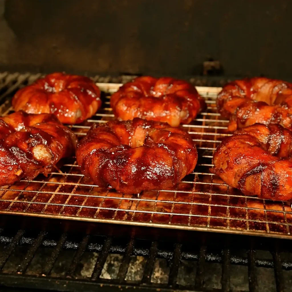 Six glossy, bacon-wrapped cheeseburger rings with a dark caramelized glaze on a wire rack inside a smoker.