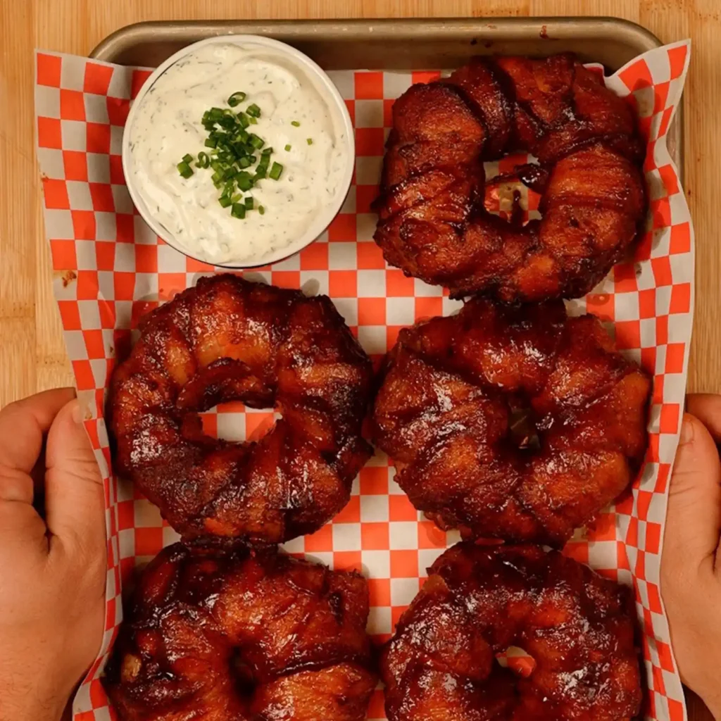 Overhead view of a tray of six glazed bacon-wrapped rings on red and white checkered paper, with a bowl of ranch dip topped with chopped green onions.