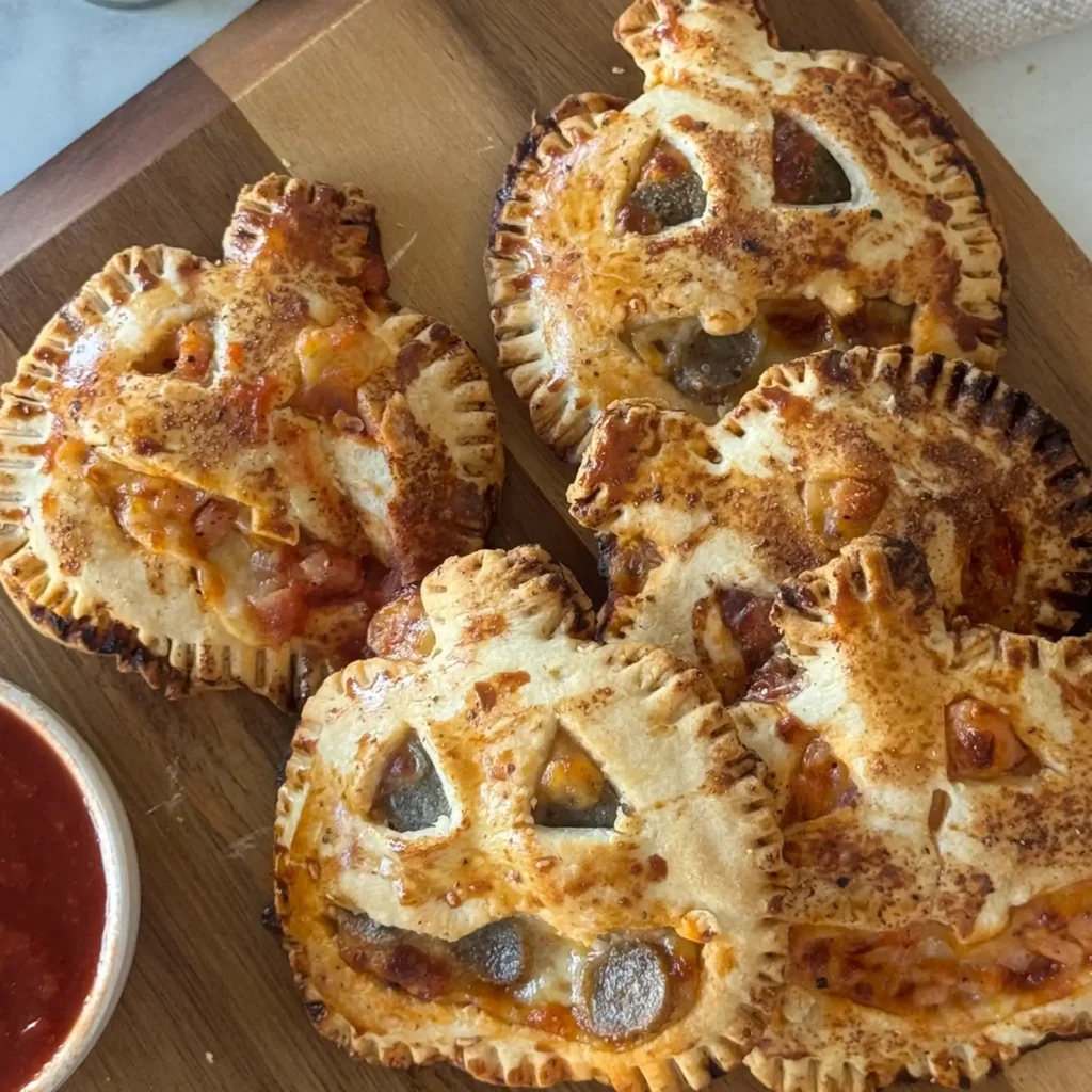 Golden baked jack-o’-lantern pizza hand pies on a wooden board, with sausage and Canadian bacon showing through the face cutouts, next to a bowl of pizza sauce