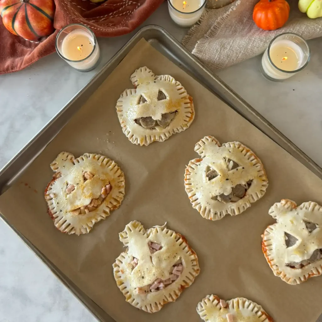 Unbaked jack-o’-lantern pizza hand pies on a parchment-lined baking sheet, filled with sausage rounds or chopped Canadian bacon, with candles and mini pumpkins behind